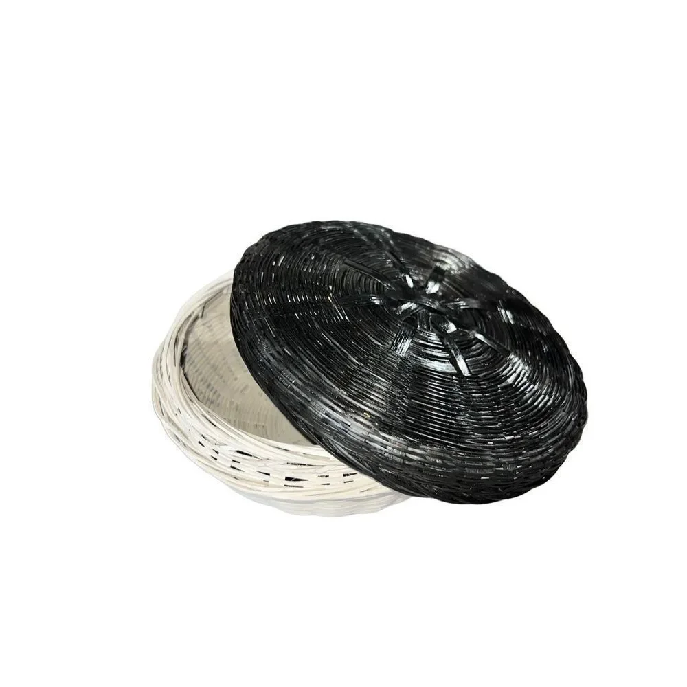 Vintage Black & White Wicker Basket with Lid Round Storage Sewing Box
